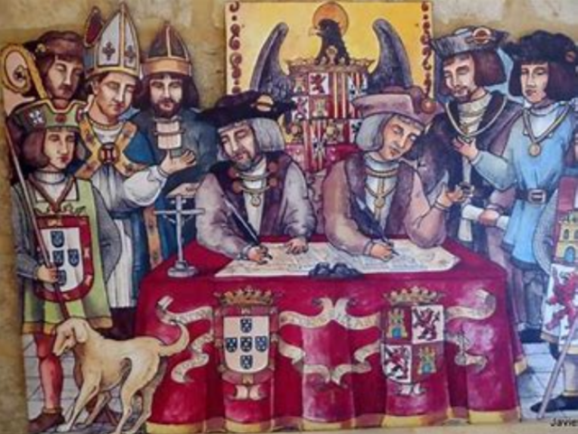 The signing of the Treaty of Tordesillas