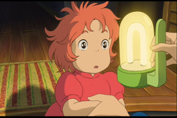 They go inside but the power went out so sosuke's mom gave her a light