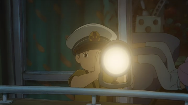 Sosuke and his dad use light to communicate and he was supposed to come home but he said he had a late shift