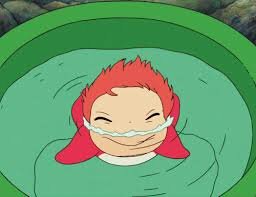 he runs up to his house and gives ponyo water in a bucket then she wakes up