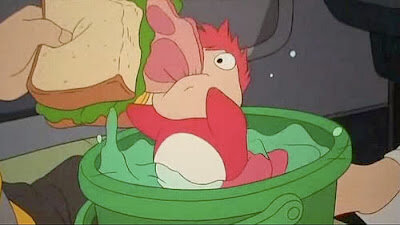 Then lisa gave ponyo a sandwich and and sosuke tryed to give ponyo bread but she didn't want it he gave her a little ham and ponyo grabbed the whole ham from sosuke sandwich  .