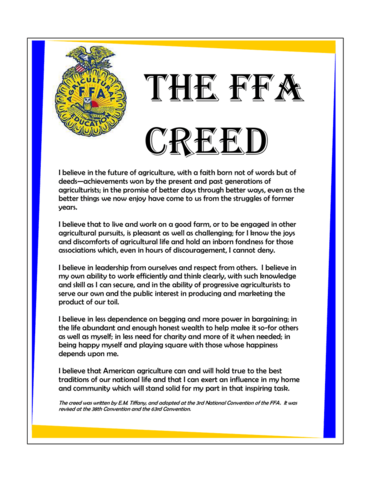 Official FFA Creed written by E.M. Tiffany and adopted