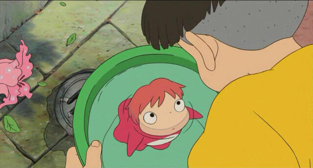 so they go to the elder center and he said lets get you some more water so he split the bucket on accident and ponyo fell out so he refueled it up and put ponyo back in the bucket.