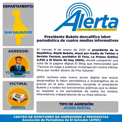 Presidente Bukele descalifica labor periodística de cuatro medios informativos