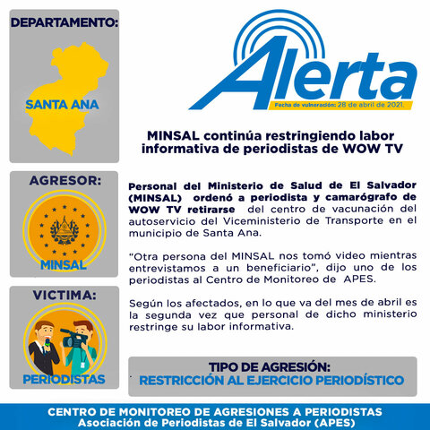 MINSAL continúa restringiendo labor informativa de periodistas de WOW TV