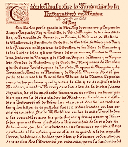 Creacion de la Real y Pontificia Universidad de Mexico