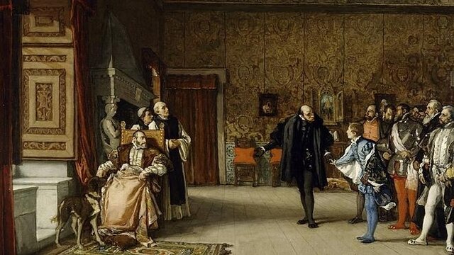 Carlos I abdica en su hijo Felipe y en su hermano Fernando. Se retira al monasterio de Yuste, donde muere 1558