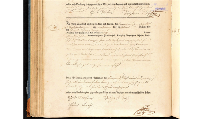 ACTUAL DATE OF BIRTH: Translation: On September 27, in  the year of 1833 at 7PM appeared before me, Jacob Pfarr, Civil Servant Of the Community of Oppau, Kreis Frankenthal,