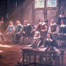 The first session of the first colonial legislative assembly in Jamestown.