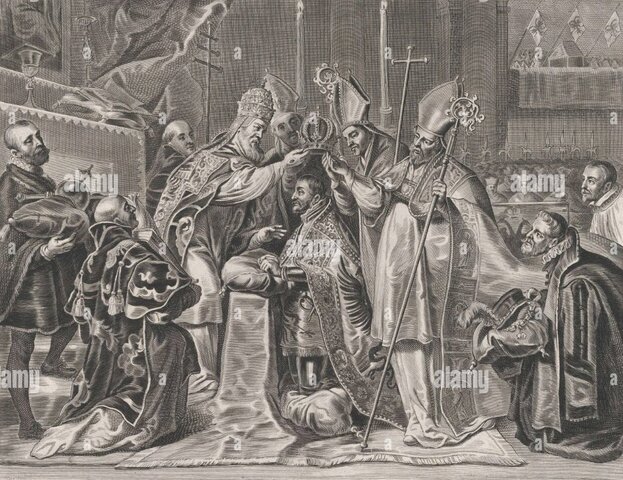 Carlos I es coronado emperador y rey de Italia en Bolonia por el Papa Clemente VII