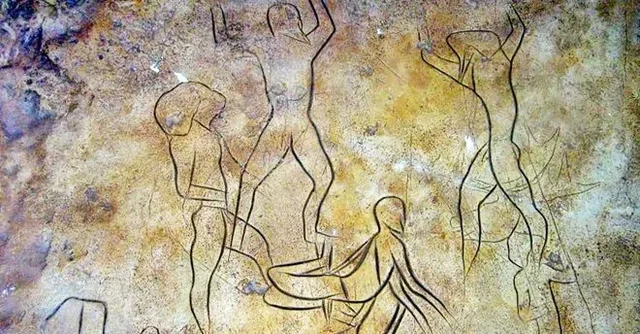 Graffiti rupestri con scena di sacrificio rituale o giochi di acrobati