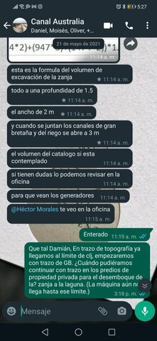 se informa que el trazo de topografia del canal de riego ha llegado hasta el limite de CLJ, aun sin resolucion del tema para desembocar los 700m restantes de propiedad privada
