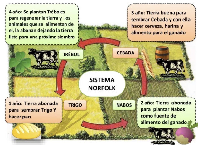 Lord Townshend introduce el Sistema Norfolk en la agricultura.