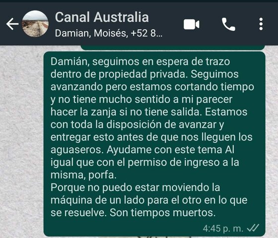 se le solicita resolucion al ing damian sobre el tema de trazo de la zanja en propiedad privada sin tener respuesta definitiva