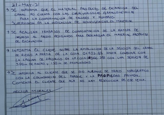 en visita de obra se informa al ing Damian que el material de excavacion no es el adecuado para terraplenar, se le sugiere mejoramiento de suelo. El ing. Damian solo solicita conformar terreno con agua