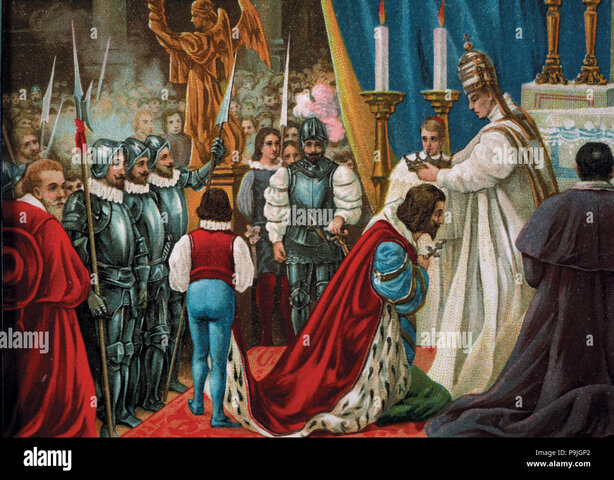 Carlos I es coronado emperador y rey de Italia en Bolonia por el Papa Clemente VI