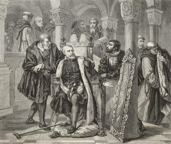 Carlos I abdica en su hijo Felipe y en su hermano Fernando. Se retira al monasterio de Yuste, donde muere 1558.