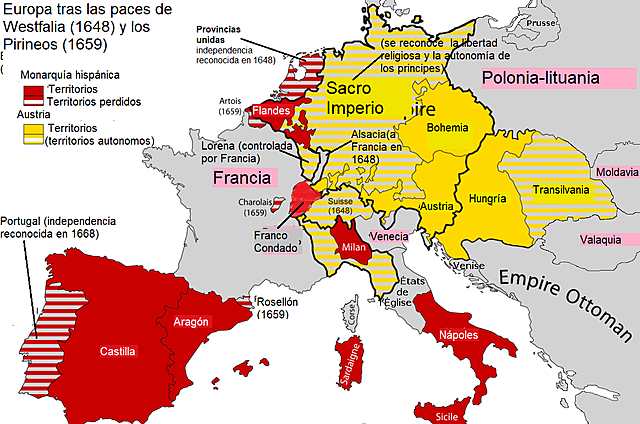 Se firma el Tratado de Westfalia, independencia de las Provincias Unidas de los Países Bajos. España conserva Flandes