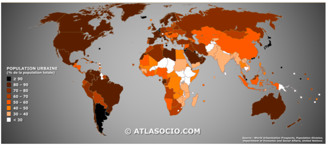 Taux d’urbanisation en 2018 par pays