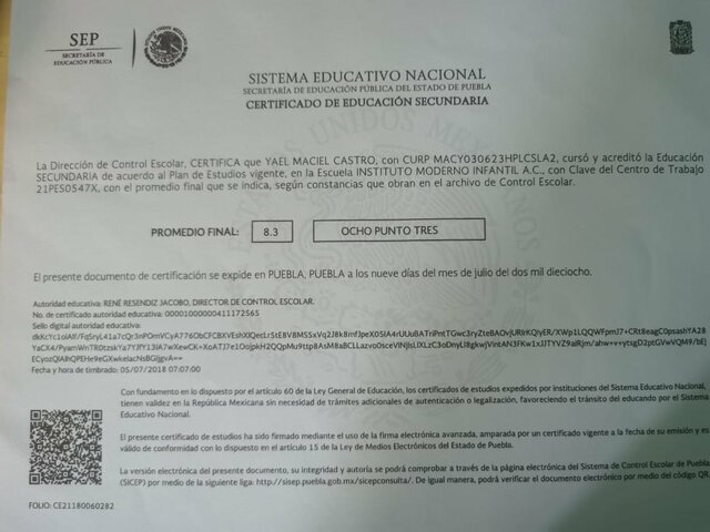 Mi certificado de secundaria con un promedio bueno