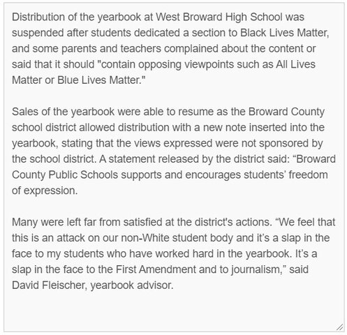 Yearbook distribution suspended because of Black Lives Matter content at Florida high school