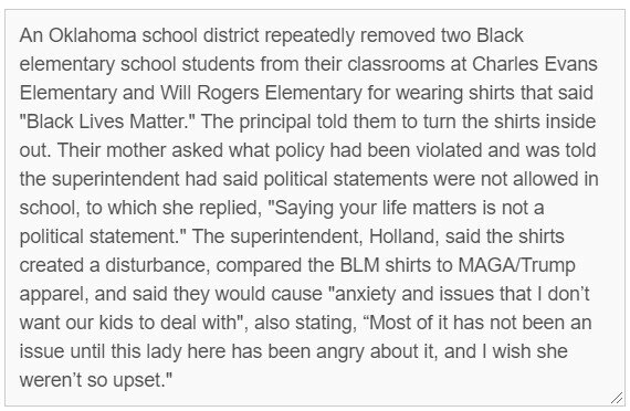 Oklahoma elementary students are told to turn BLM shirts inside out by principal, superintendent