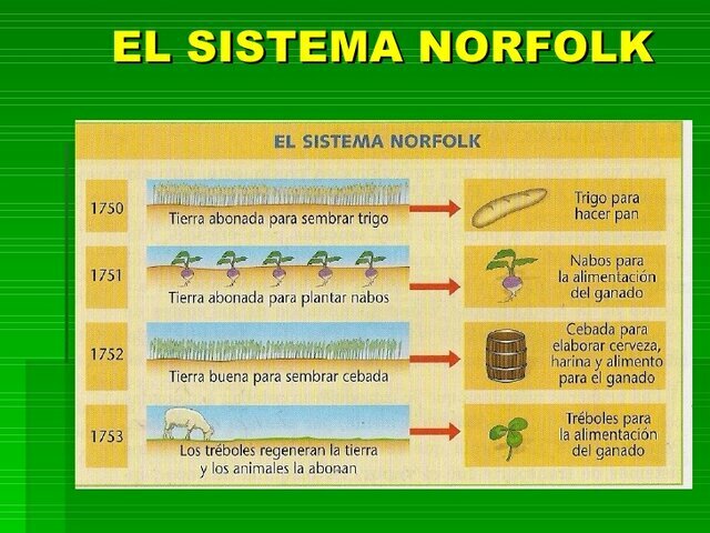 Lord Townshend introduce el Sistema Norfolk en la agricultura.