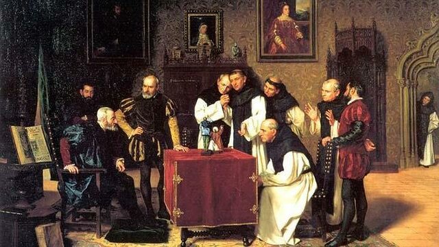 Carlos I abdica en su hijo Felipe y su hermano Fernando. Se retira al monasterio de Yuste, dónde muere.