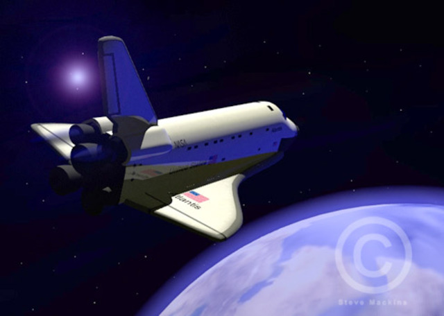 The space shuttle is pulled out of service to replace a window that had been severely pitted by a chip of paint from space junk.