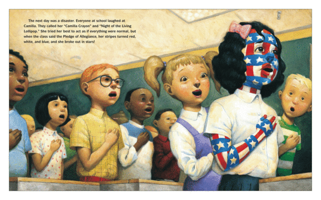 Dr. Bumble sends her back to school and everyone laughs at her. Everything the kids say she turns in to (Pledge-flag, shapes, colors)