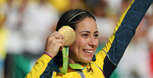 Mariana Pajón obtains the gold medal at the London 2012 Olympic Games in the women's BMX final.