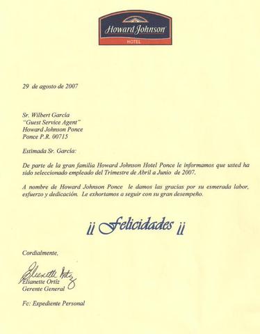 EMPLOYEE OF THE MONTH LETTER