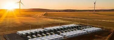 Construction of Hornsdale Power Reserve: A battery power storage facility used to store energy created by the neighbouring Hornsdale windfarm.