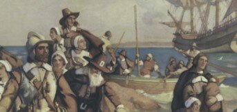 The Mayflower lands at Plymouth Rock