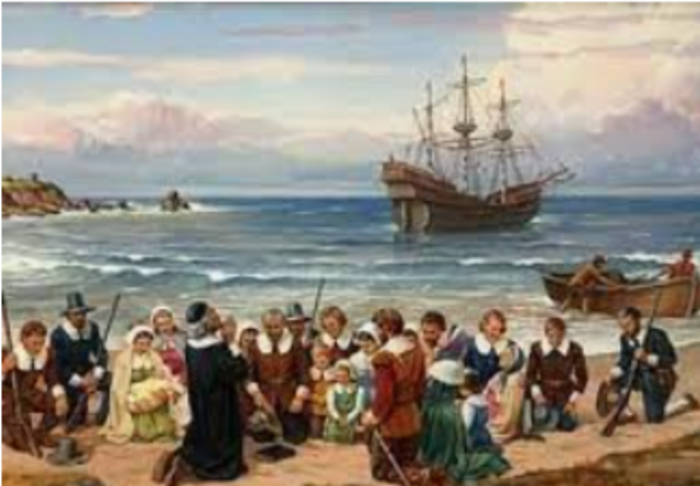 The Mayflower lands at Plymouth Rock