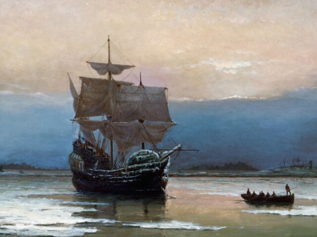 The Mayflower lands at Plymouth Rock