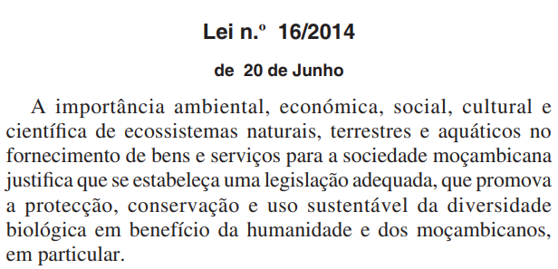 Lei n.º 16/2014: Lei da Proteção, Conservação e Uso sustentável da Diversidade Biológica
