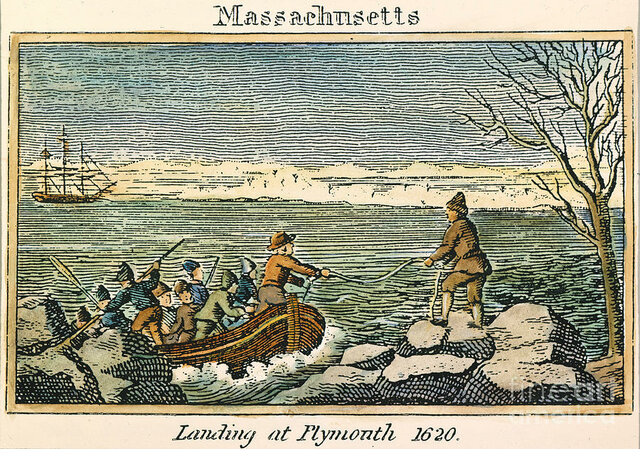 The Mayflower lands at Plymouth Rock