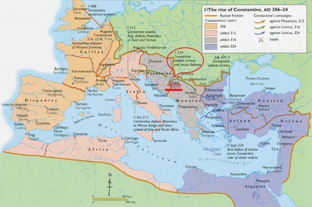 Datalla de Cibalis: Constantino el Grande (r. 306-337) y Licinio (r. 308-324) 8-octubre-314 (o 316).