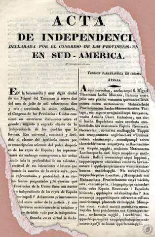 Declaración de Independencia de las Provincias Unidas en Sudamérica (actuales Argentina, Bolivia, Paraguay, Uruguay, así como Santa Catarina y Río Grande del Sur en Brasil).