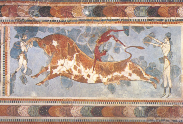 Fresco del salto del toro, escena de tauromaquia (1400 a.C.). Minoico Reciente. Freso del palacio de Cnossos, Creta. Museo de Heraklion.