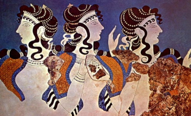 Damas de azul, 1400 a.C. Minoico Reciente. Fresco del Palacio de Cnossos, Creta