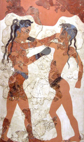 Boxeadores minoicos, 1400 a.C. Minoico Reciente. Fresco del Palacio de Cnossos, Creta. Muestra a dos niños con cinturones y guantes de boxeo, con formas sinuosas y colores cálidos. Son figuras de altura ligeramente superior al natural, con 1,75 m.