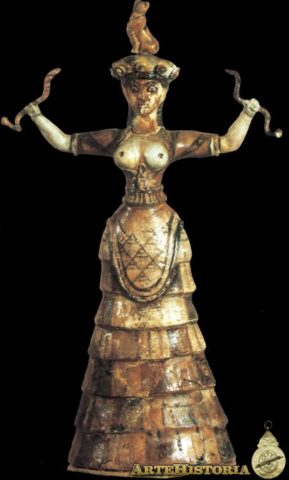 Diosa de las serpientes, 1600 a.C. Minoico Medio. Escultura cretense que representa una diosa (probablemente de la fertilidad) o una sacerdotisa.
