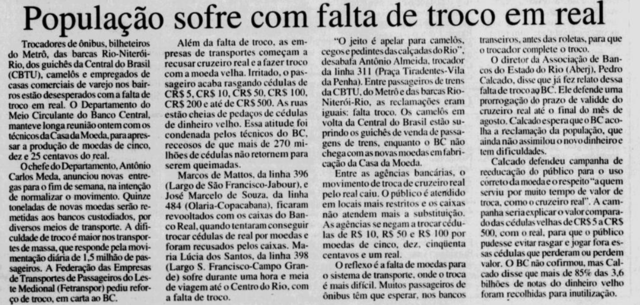 População sofre com falta de troco em real