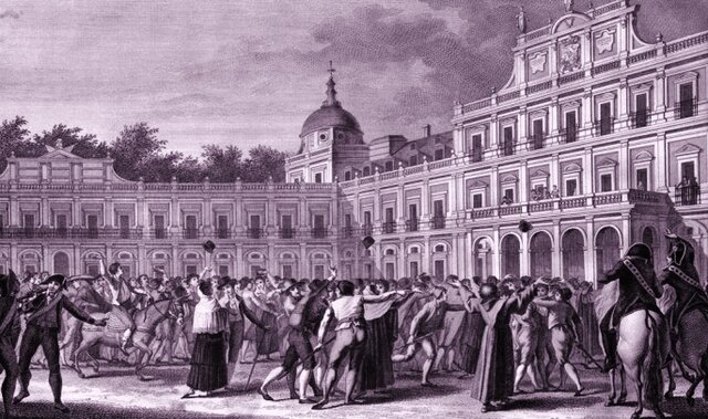 Motín de Aranjuez, destitución de Godoy y abdicación de Carlos IV en Fernando VII.
