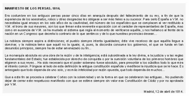 Fernando VII vuelve a España. Manifiesto de los persas.