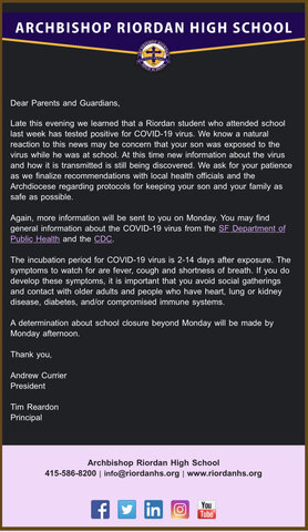 Riordan shuts down after student tests positive for COVID-19
