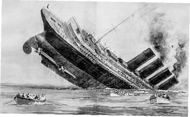 Passasjerskipet ''Lusitania'' blir torpedert