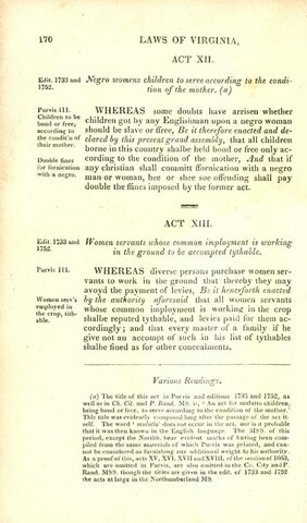 Virginia Law Says that Children of Black Female Slaves are Slaves